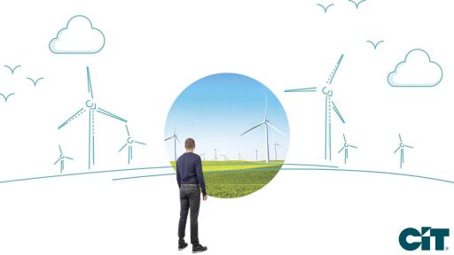 Graphic of guy standing in front of windmills