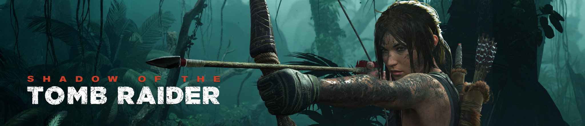 Shadow of The Tomb Raider: Lara pointing bow and arrow in jungle