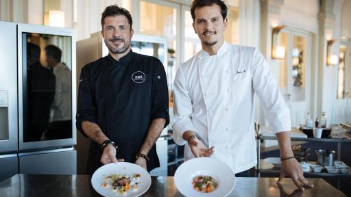 Chefs Christopher Crell and Juan Arbelaez with their own signature dishes ©Lewis Joly