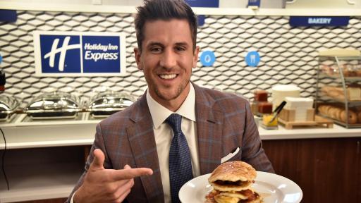 Jordan Rodgers with The 7-on-7, his over-the-to, seven-layer stack of pancakes, sausage, bacon and eggs, plus a veggie omelet to really take it to the next level.