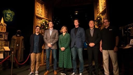 Eduardo Lima (MinaLima Design), Oliver Phelps, Miraphora Mina (MinaLima Design), James Phelps, Álvaro Covões (Everything is New) and Frank Torres (GES Events) at Harry Potter™: The Exhibition at the Pavilion of Portugal in Lisbon, Portugal