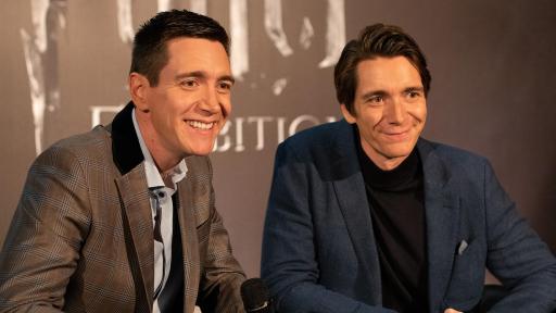 Film actors Oliver Phelps and James Phelps at Harry Potter™: The Exhibition at the Pavilion of Portugal in Lisbon, Portugal