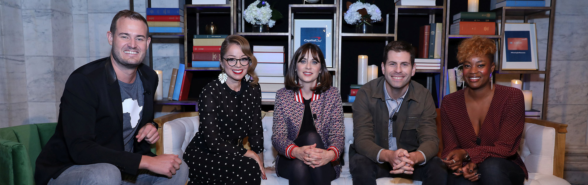 From left, Brian Kelly, Marcela Valladolid, Zooey Deschanel, Zach Houghton, and moderator Noelle Scaggs share their travel stories and experiences at a launch event for the Purpose ProjectSM by Capital One&reg; on Wednesday, October 24, 2018 in New York. (Mark Von Holden/AP Images for Capital One)