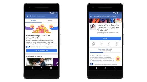 Two Facebook apps on mobile phones highlighting the donation screen.