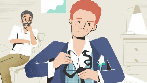 Animation of father helping son tie his first tie