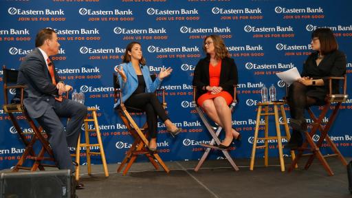 Bob Rivers, Aly Raisman, Katelyn Brewer and Shirley Leung discuss child sexual abuse and prevention training during an event at Eastern Bank headquarters in Boston on October 16, 2018.