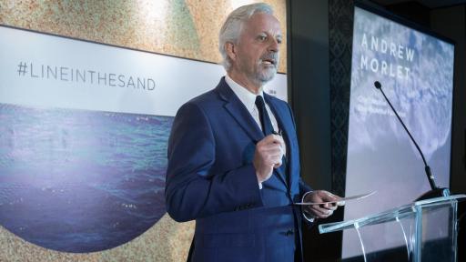 Andrew Morlet, CEO of the Ellen MacArthur Foundation, addresses delegates of the 2018 Our Ocean conference on Monday 29 Oct, 2018 in Bali, Indonesia during signing of the New Plastic Economy Global Commitment. (Graham Crouch/AP Photography for SC Johnson)