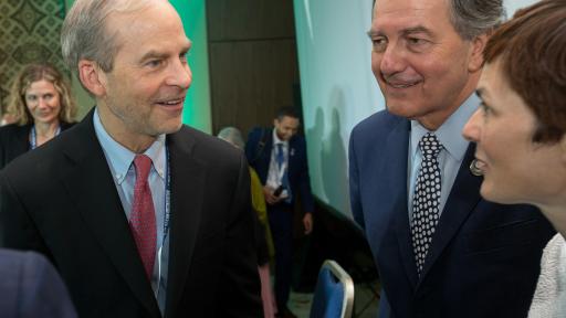 SC Johnson Chairman and CEO Fisk Johnson (left) today, Monday 29th October, 2018, on stage with Roberto Ampuero Espinoza , Minister of Foreign Affairs, Chile (centre) and Dame Ellen MacArthur (at right) after signing the New Plastics Economy Global Commitment at the 2018 Our Ocean Conference in Bali, Indonesia. (Graham Crouch/AP Photography for SC Johnson)
