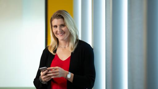 Hayley Wickenheiser holding iphone and smiling