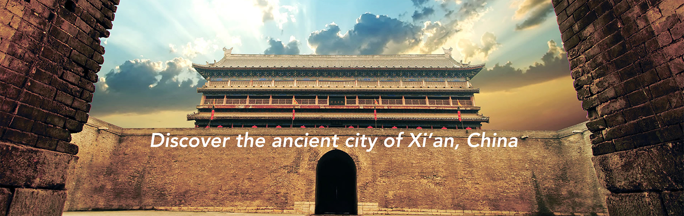 Discover the city of ancient Xi'an, China overlayed on an image of a temple