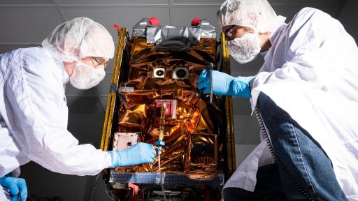 Aerospace built the small satellite for NASA’s Green Propellant Infusion Mission (GPIM); here Ball engineers prepare GPIM for shipment to the launch site in Florida