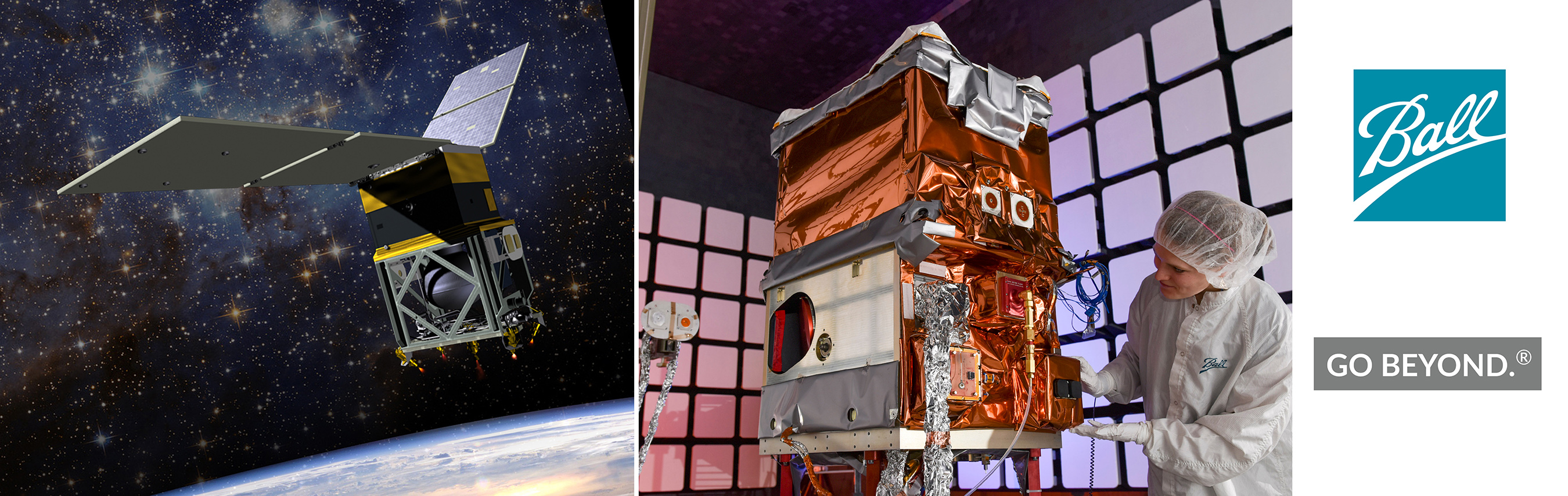 Image of satellite in space; image of scientists working on a device.