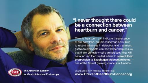Man with hands behind head. Graphic depicts text, mainly a quote saying, "I never thought there could be a connection between heartburn and cancer."