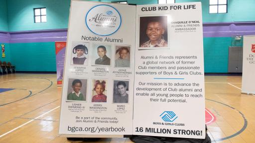 Giant boys and girls club presentation poster in a blue gymnasium.