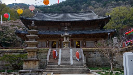 Two Buddhist monks climb the stairs to the Hwaeomsa temple.