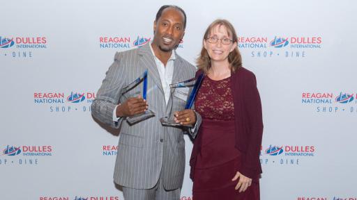 (Left to Right) Abraham Woldeyohannes, General Manager or Five Guys Burgers and Fries and Jane Mellenkamp, General Manager of MarketPlace Development at Dulles International Airport