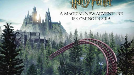 An illustrated poster of a Harry Potter themed roller coaster ride.