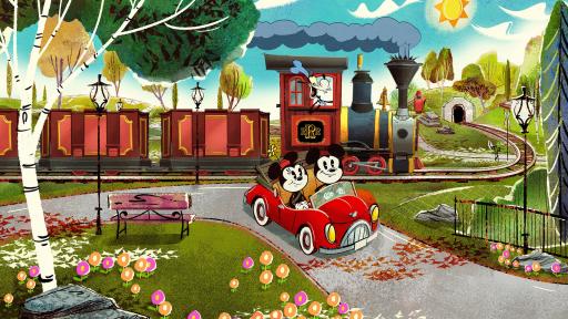 Artist illustration of a train being driven by Disney character Goofy, and Micky and Minnie Mouse driving a car.