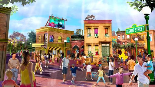 Artistic rendering of Sesame Street with people on a city street with various Sesame Street characters.