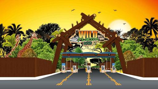 Artist rendering of park entry depicting a wooden fence with various wil animals peeking above, and an entry for cars.