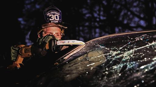 Firefighter attempting rescue with Lenox blade