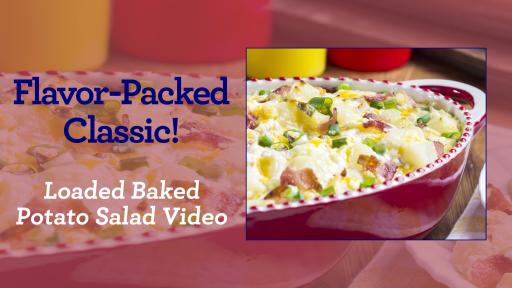 Banner that says "Flavor-Packed Classic!" beside and image of a backed potato salad.