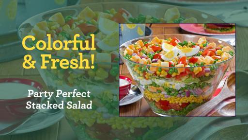 Banner that says Color and Fresh, beside an image of a glass bowl with layered salad ingredients.