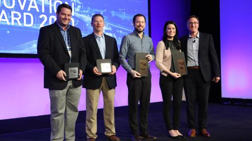 Recipients of the Inaugural 2020 Lytx Innovation Awards Acknowledged for Outstanding Achievements in Advancing Employee Safety While Driving Continuous Improvement in Their Operations
L-R
Mike Cooley, Lytx enterprise sales manager, accepting on behalf of Samantha Murray, from award finalist National Grid.
Jerry Sigmon, Chief Operating Officer from award finalist Cargo Transporters
Matt Lovato, Senior Manager, Safety, from award co-winner Dycom Industries
Stephanie Weber, Vice President of Safety Operations from award co-winner MV Transportation
David Riordan, Lytx EVP and Chief Client Officer