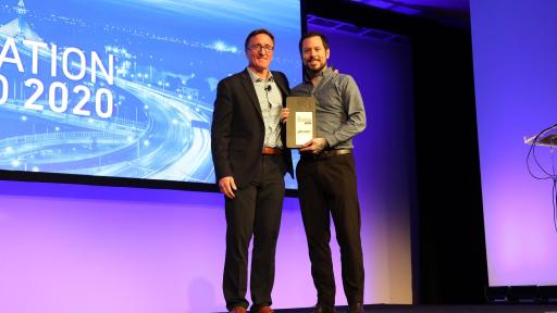 Matt Lovato, Senior Manager, Safety, Dycom Industries, Inc. accepts Lytx inaugural 2020 Lytx Innovation Award from David Riordan, Lytx EVP and Chief Client Officer, at Lytx’s User Group Conference.  Dycom is a co-winner of the award, with MV Transportation