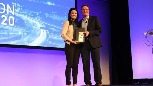 Stephanie Weber, Vice President of Safety Operations, MV Transportation,  accepts Lytx inaugural 2020 Lytx Innovation Award from David Riordan, Lytx EVP and Chief Client Officer, at Lytx’s User Group Conference.  MV is a co-winner of the award, with Dycom Industries.