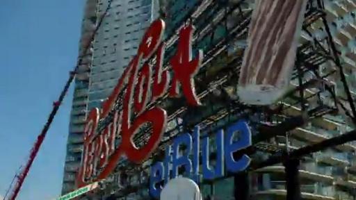 Boomerang: Installation of the temporary JetBlue signage placed on the landmark Pepsi-Cola sign in Long Island City, New York.