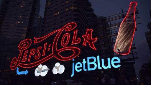 Boomerang: PepsiCo and JetBlue light up the sky in Long Island City, New York in celebration of the new partnership between these two New York-based companies.