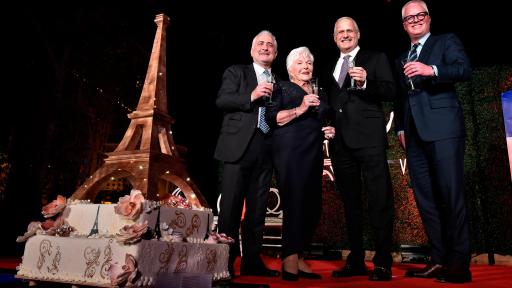 L-R: Chef Guy Savoy, Line Renaud, President of Paris Las Vegas Gary Selesner and EVP & CMO of Caesars Entertainment Chris Holdren toast to the new Eiffel Tower lights. (Courtesy of Paris Las Vegas)