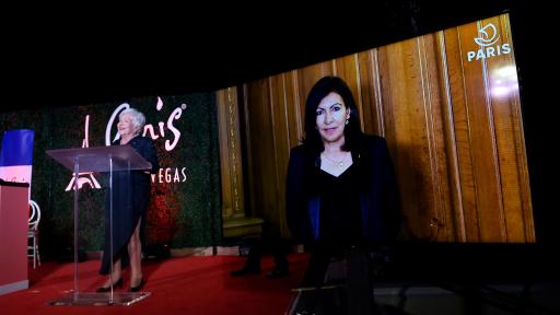 French actress and singer Line Renaud presents a video greeting from Mayor Anne Hidalgo of Paris, France at the debut of the new Eiffel Tower lights at Paris Las Vegas. (Courtesy of Paris Las Vegas)