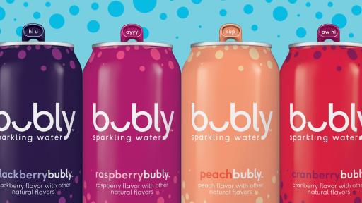 Four different flavors of bubly in four brightly colored cans, blackberrybubly, cranberrybubly, raspberrybubly and peachbubly