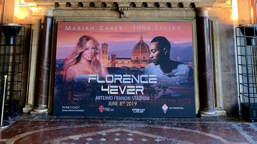 New World vs. Old World. Florence4Ever graphics in Times Square and surrounded by over 500 year old art in the room of Cosimo di Medeci in Pallazo Vecchio in Florence