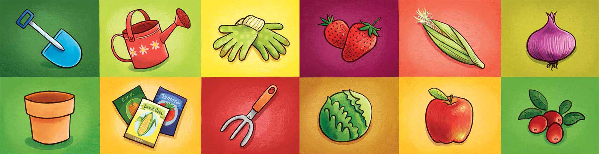 Feeding Minds Press banner of images of plants and gardening implements.