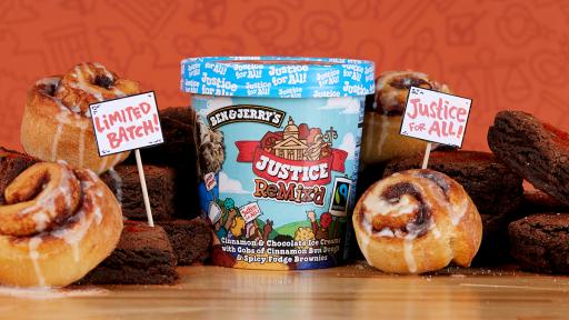 Ben & Jerry's ice cream pint surrounded by cinnamon buns and brownies.