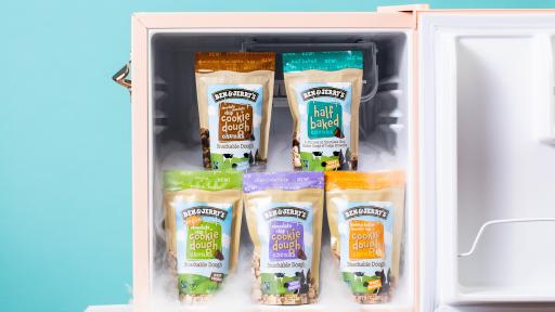 Ben & Jerry’s now offers five different types of snackable cookie dough: Chocolate Chip Cookie Dough, Vegan Chocolate Chip Cookie Dough, Peanut Butter Chocolate Chip Cookie Dough, Chocolate Chocolate Chip Cookie Dough, and Half Baked Chunks.