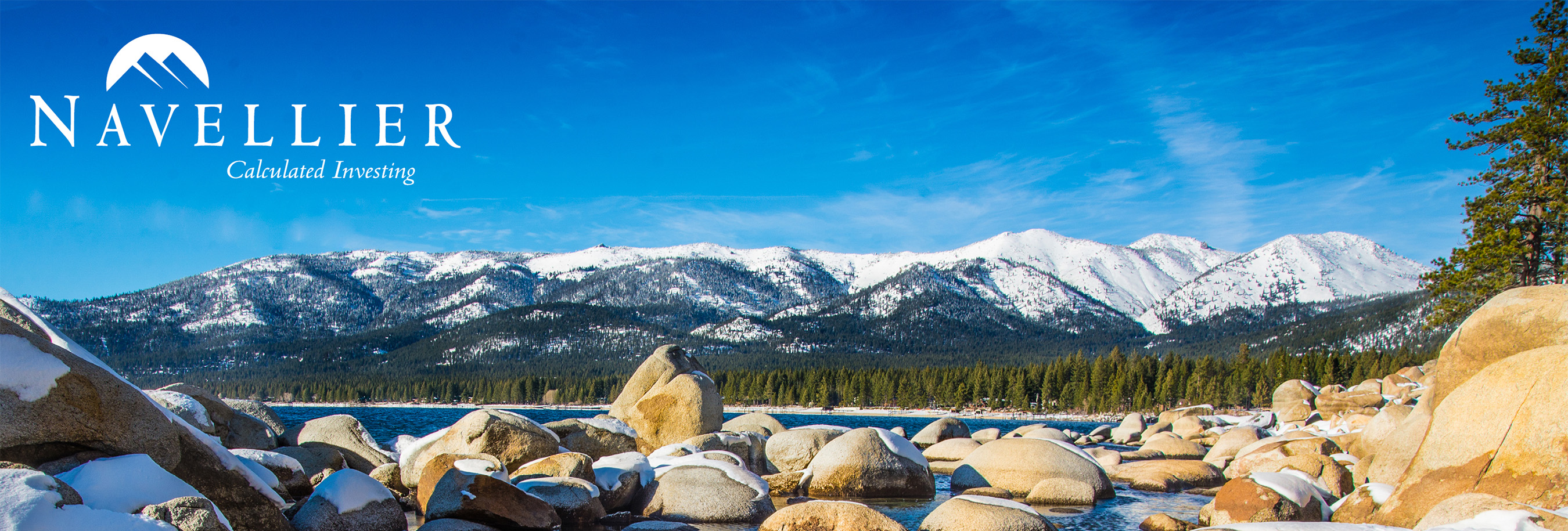 Mountain range with snow tops with Navellier logo overlaid.