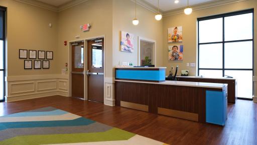 Empty lobby to a Primrose School.