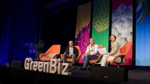 Stage for the GreenBiz 2019 with Fisk Johnson (left) and David Katz (center) talking.