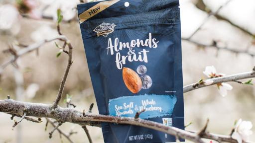 A package of blue diamond almonds in an almond tree