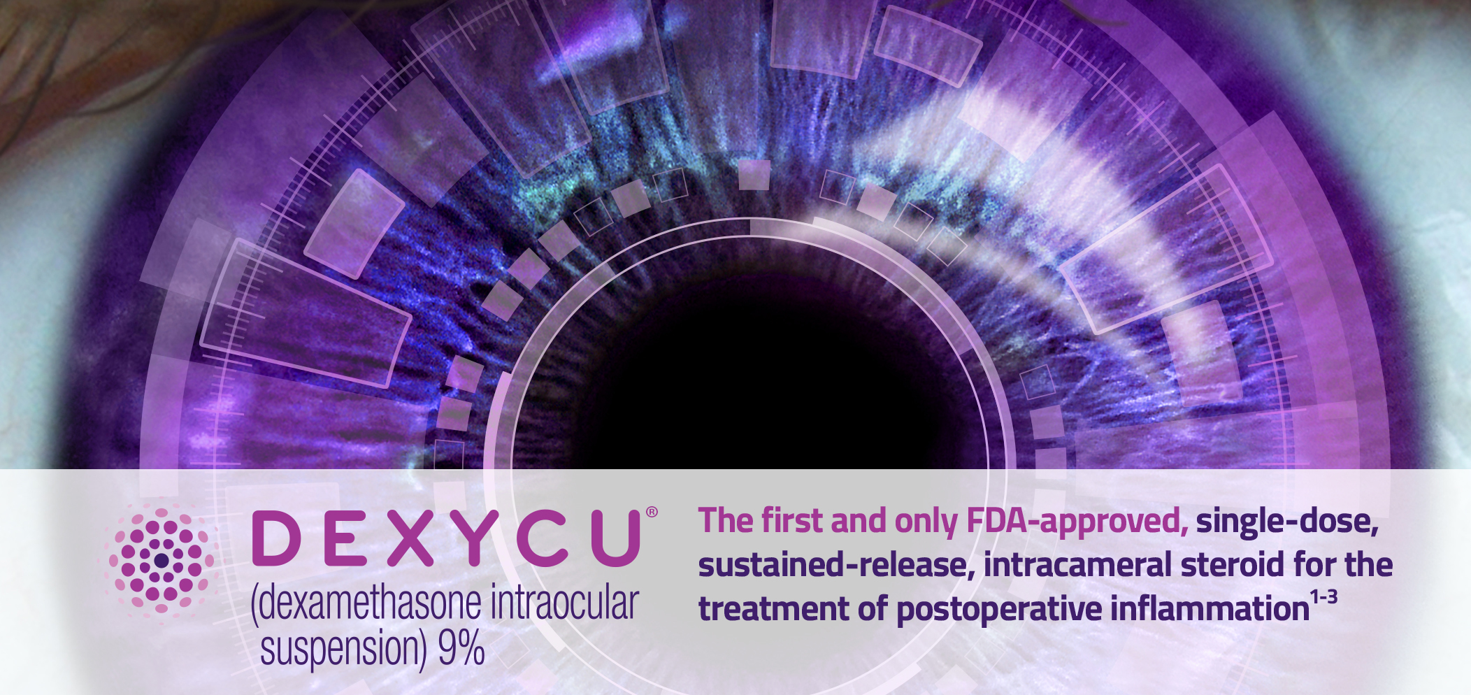 Purple eye with DEXYCU logo overlaid