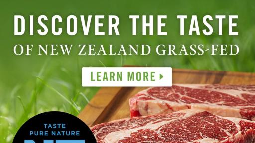 Raw beef on a cutting board with text that says Discover the Taste of New Zealand's Grass-fed.