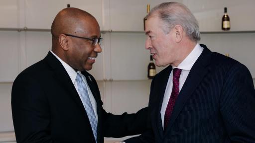 Dr. Harry Lee Williams, president and CEO of the Thurgood Marshall College Fund, shakes hands with Moët Hennessy USA’s president and CEO Jim Clerkin