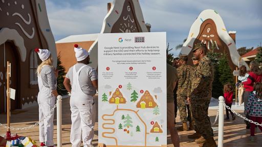 People standing by a sign