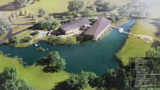 Illustration of birds eye view of the new proposed  Louisiana Children's Museum surrounded by a river and a park.