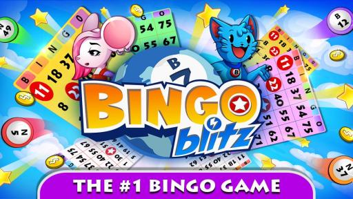 Cartoon illustration of Bingo Blitz logo with cat and mouse character and bingo cards in the background.