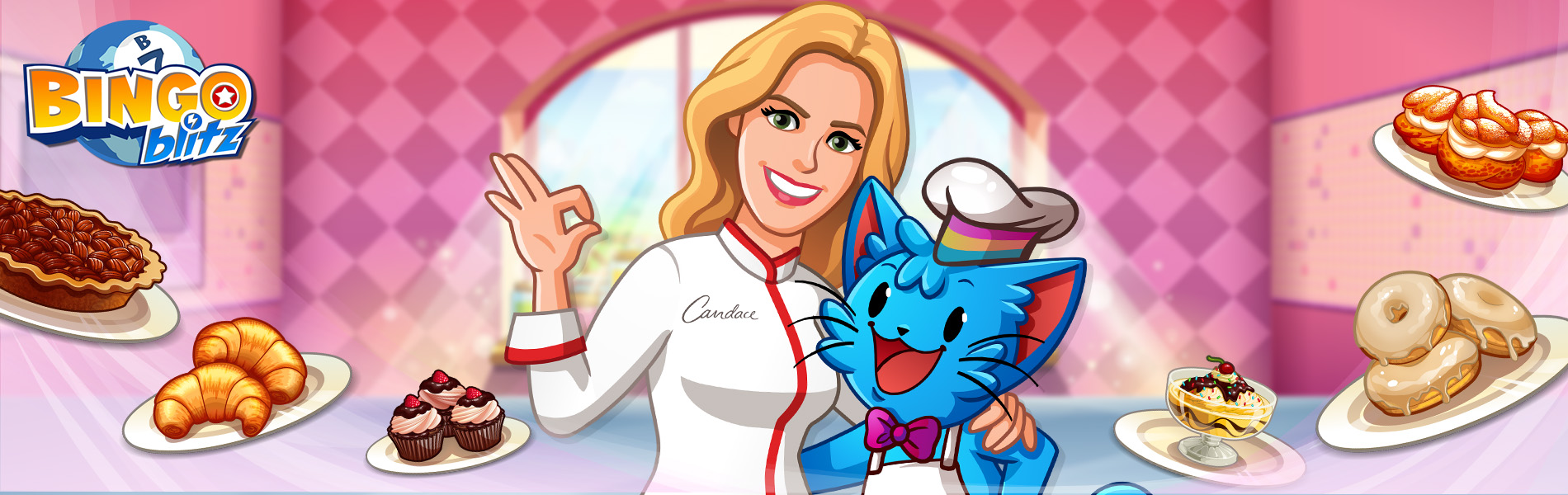 Cartoon image of Candace hugging a blue cat character and deserts on plates floating around them.